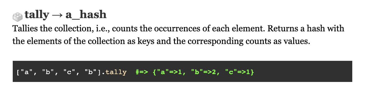 bruckmayer's tweet photo. Ruby 2.7 comes with an Enumerable#tally method

https://t.co/Tlzw8htUxA

#ruby #rails https://t.co/0FGN7uU0be