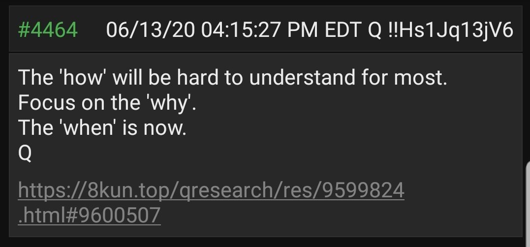 7.  #QAnon The 'how' will be hard to understand for most.Focus on the 'why'. The 'when' is now. #Q