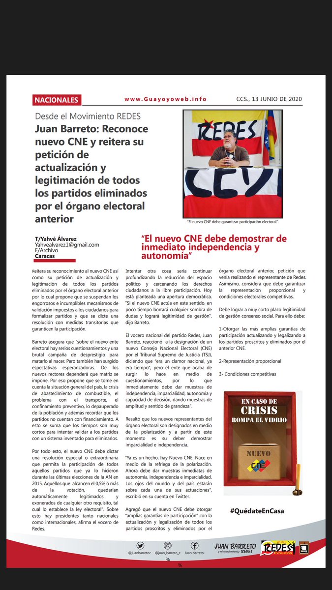 #13junio #RedesPorVenezuela propone reconocer el nuevo CNE trabajando la legitimación de los partidos políticos @juanbarretoc #Juan_Barreto_C