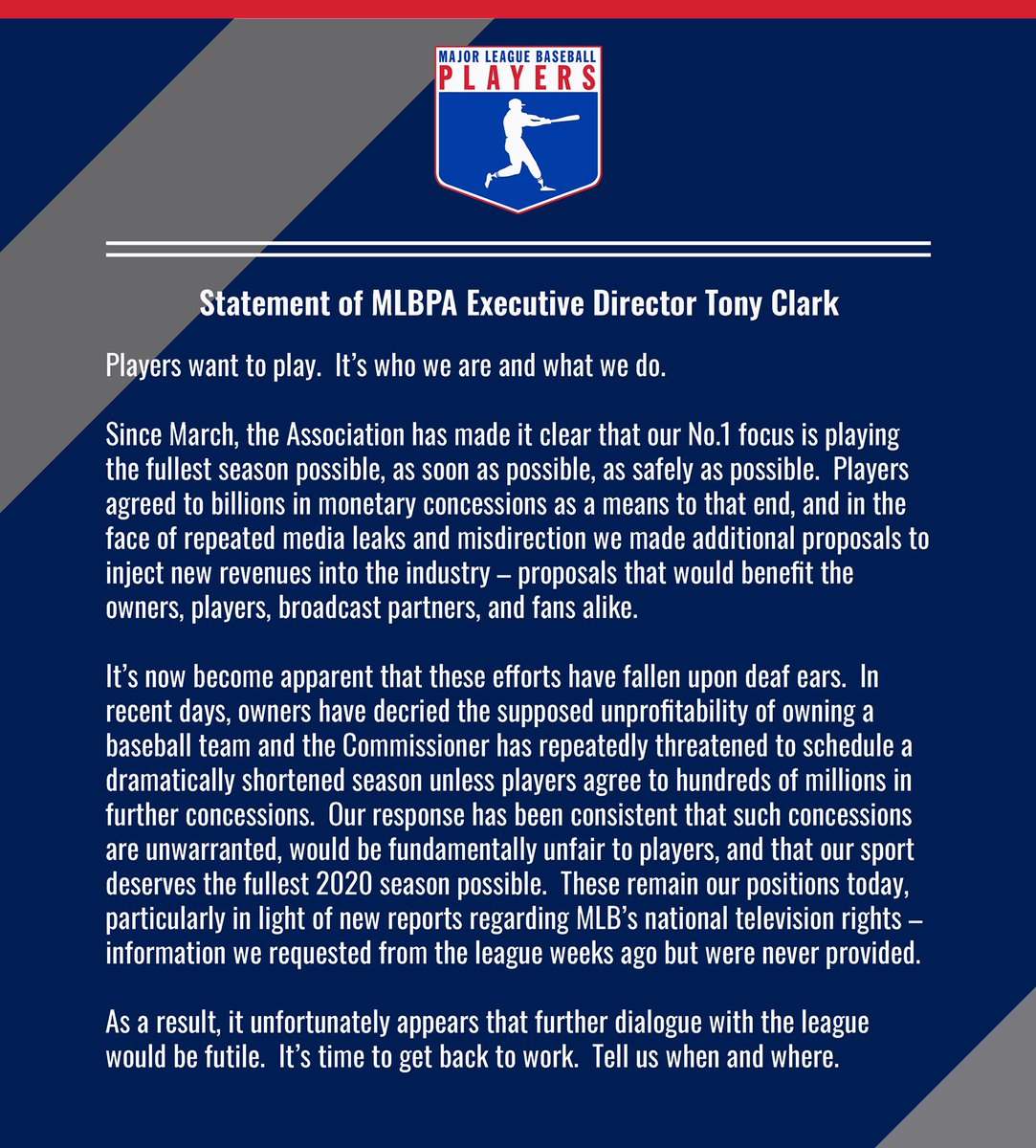 Major League Baseball Players Association Executive Director Tony Clark today released the following statement:
