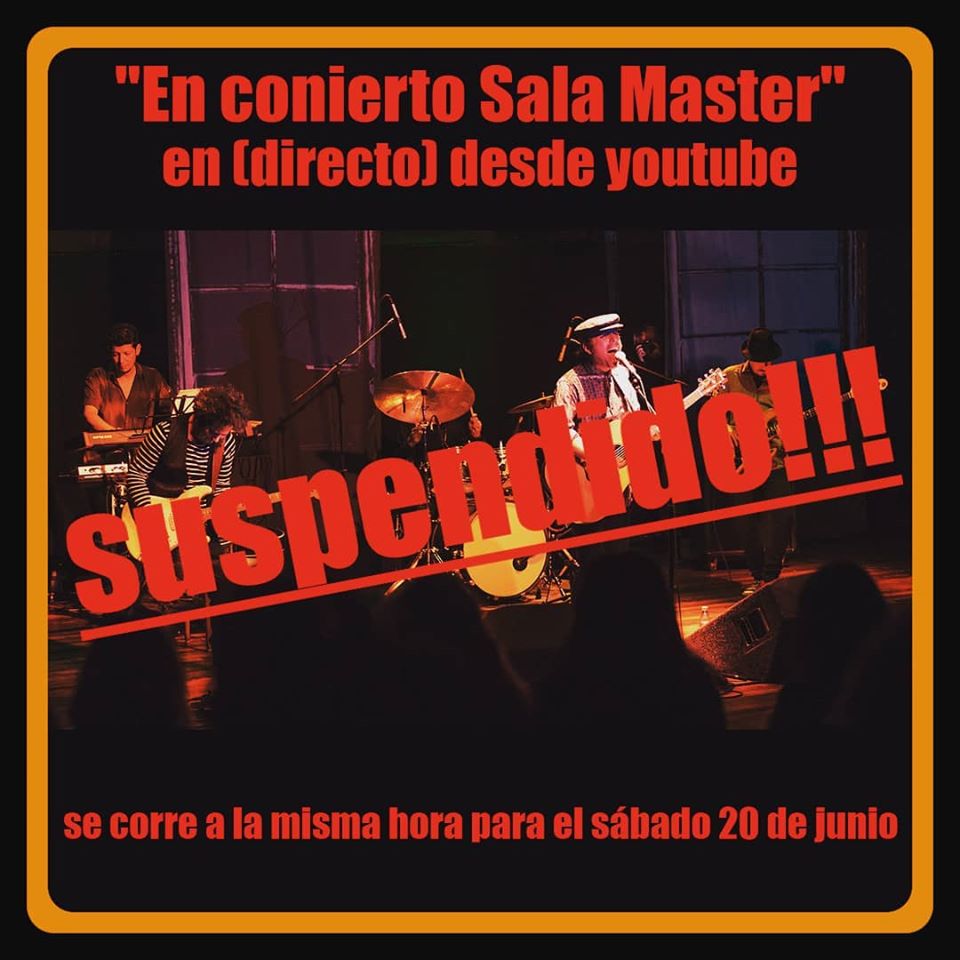 POR FUERZA MAYOR (problemas técnicos), se corre el estreno de hoy vía Youtube "En concierto Sala Master", para el próximo sábado 20 de junio a la misma hora (21:00hrs), entendiendo que más de alguno se había hecho el panorama, pedimos las disculpas correspondientes.