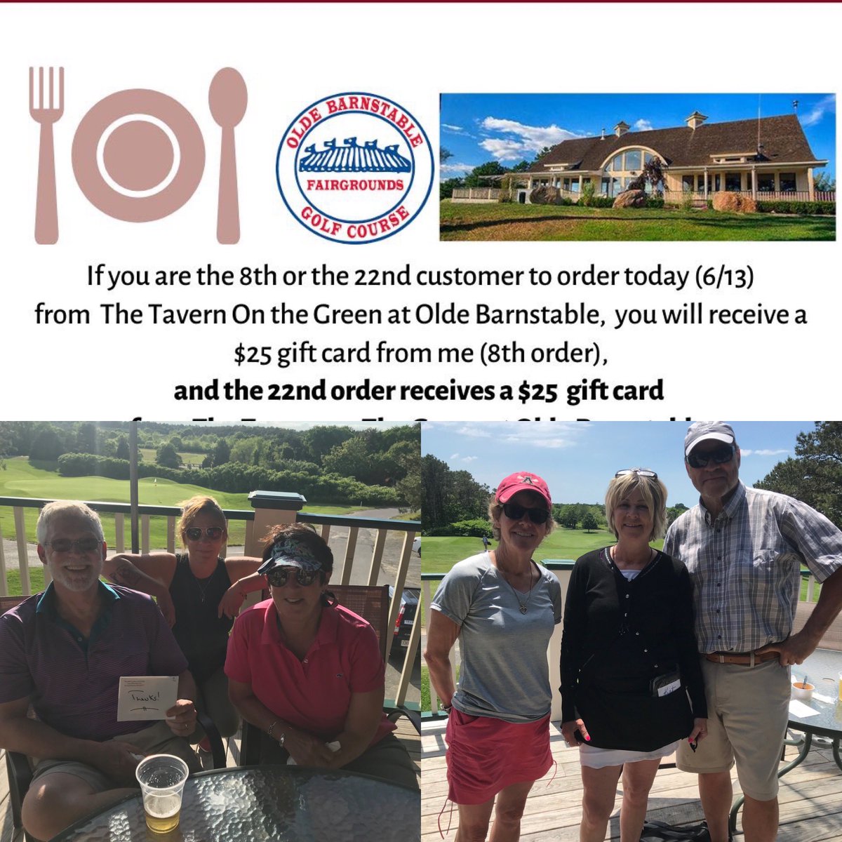 WillCrockerJr's tweet image. Jerry &amp;amp; Mary Beth Aloi and Phil &amp;amp; Sandy Boudreau were the lucky winners of my Restaurant of the Day Challenge at The Tavern on the Green at Olde Barnstable Fairgrounds! #eatlocal #shoplocalcapecod