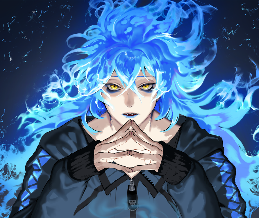 blue hair yellow eyes male focus blue lips long hair 1boy solo  illustration images