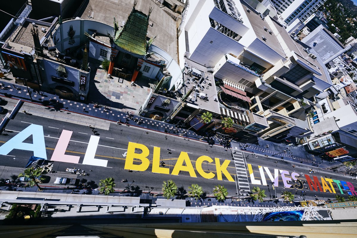Variety's tweet photo. All Black Lives Matter. The message has been painted across Hollywood Boulevard ahead of an inclusive LGBTQ+ march tomorrow https://t.co/J6U3jad0fH https://t.co/ofRfBL6tkf