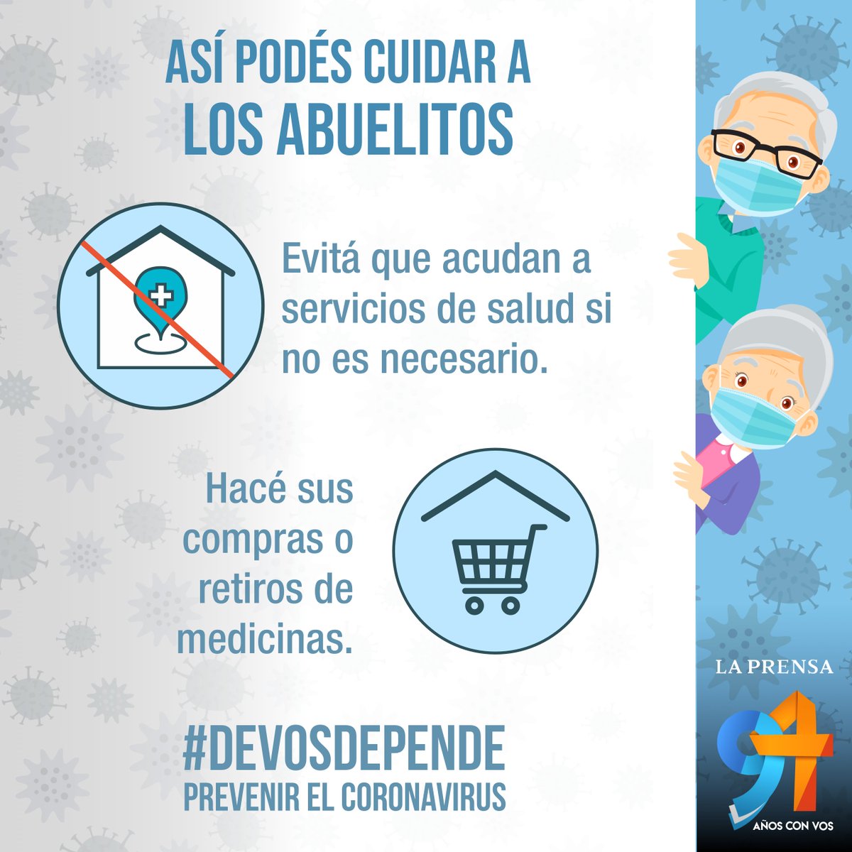 laprensa's tweet photo. Los abuelitos son los más vulnerables ante la pandemia del Covid-19 ¡Cuidalos! #DeVosDepende >> https://t.co/A2oeOzD7P4 https://t.co/qzOhGvybos