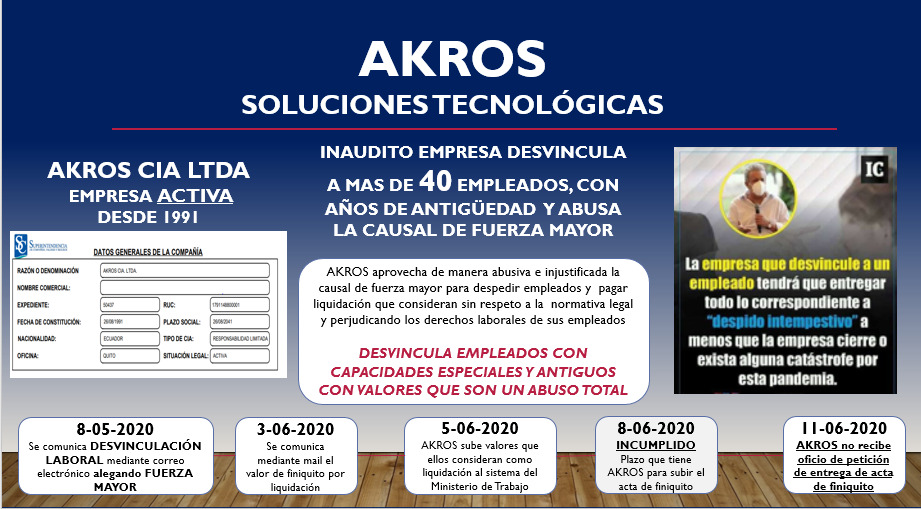 AkrosInjusta's tweet photo. #AkrosAprovechaCausalFuerzaMayor Akros Soluciones Tecnológicas despide de manera abusiva e injusta a más de 40 empleados invocando injustificadamente causal de Fuerza Mayor @lenin @ottosonnenh @MinTrabajoEc @DEFENSORIAEC @AkrosCorp @ecuavisa @teleamazonasec @visionquito https://t.co/4Yn3kv2aJf