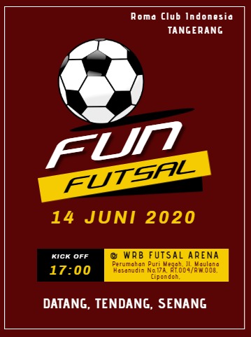 FUTSAL IS BACK

At WRB FUTSAL ARENA
Cipondoh Tangerang, Ahad 14 Juni 2020 Kick Off 17.00 Wib

<a href="/OfficialRoma_ID/">AS Roma Indonesia</a> 
<a href="/RomaIndonesia/">Roma Club Indonesia</a> 

⚽🎉🐺