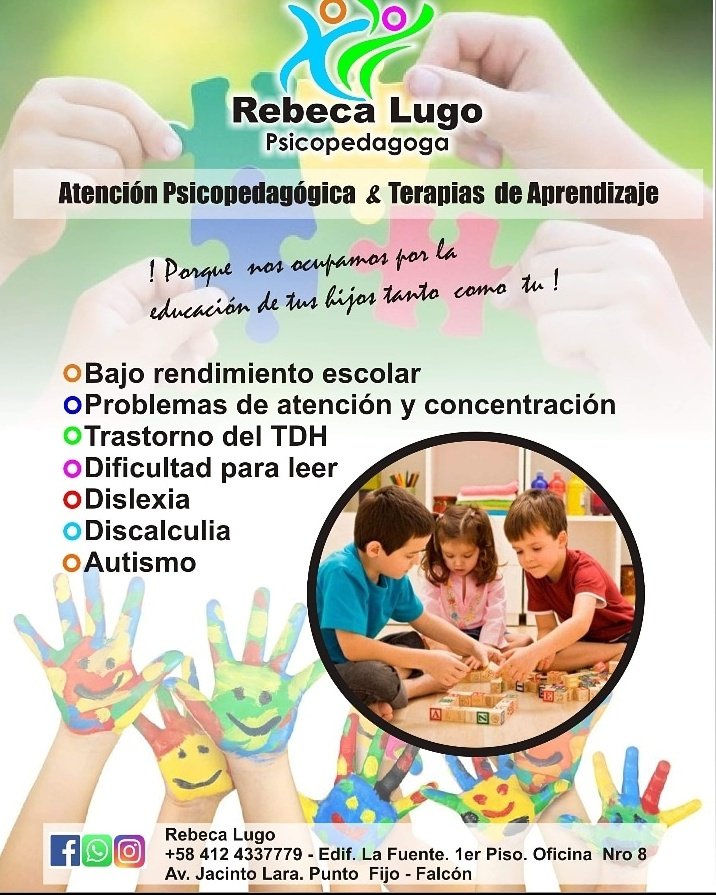 RebecaLugo19's tweet image. Hola a todos. Por aquí les ofrezco mis servicios como psicopedagoga en Punto Fijo, Edo.Falcón: Atención psicopedagógica y Terapias de aprendizaje. 26 años de experiencia.