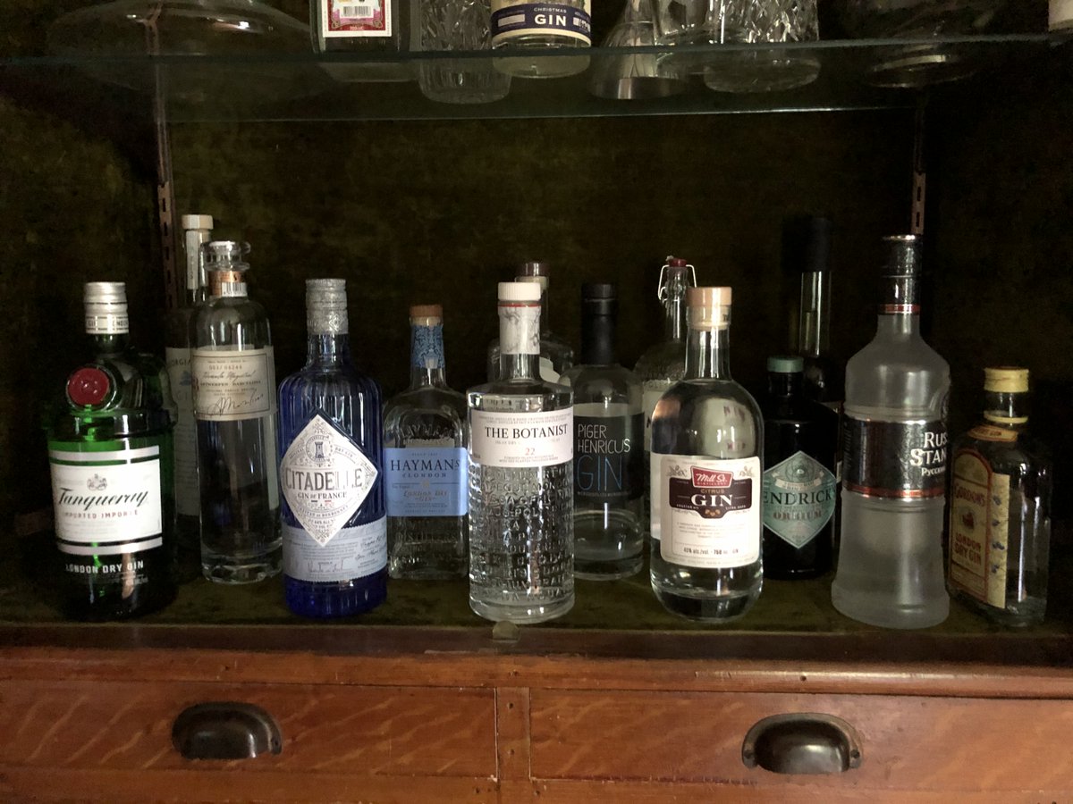 By way of explanation, we are enormous fans of gin. Where others have liquor cabinets, we have a gin cabinet. (And there are backup resources not currently pictured).