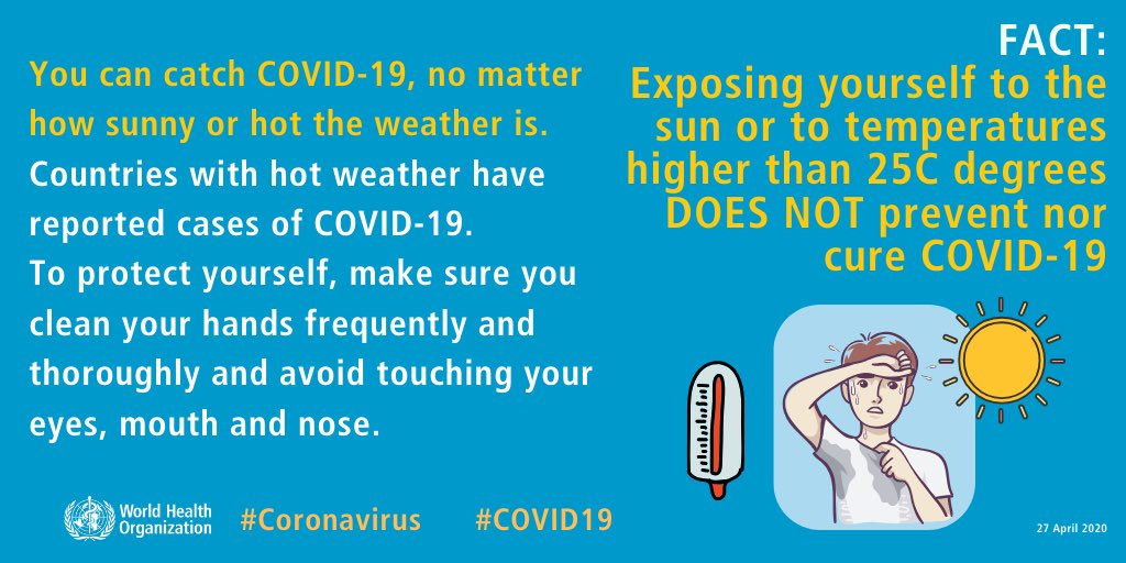 FACT: Exposing yourself to the sun or to temperatures higher than 25C degrees DOES NOT prevent  #COVID19More  http://bit.ly/COVID19Mythbusters #coronavirus  #KnowTheFacts