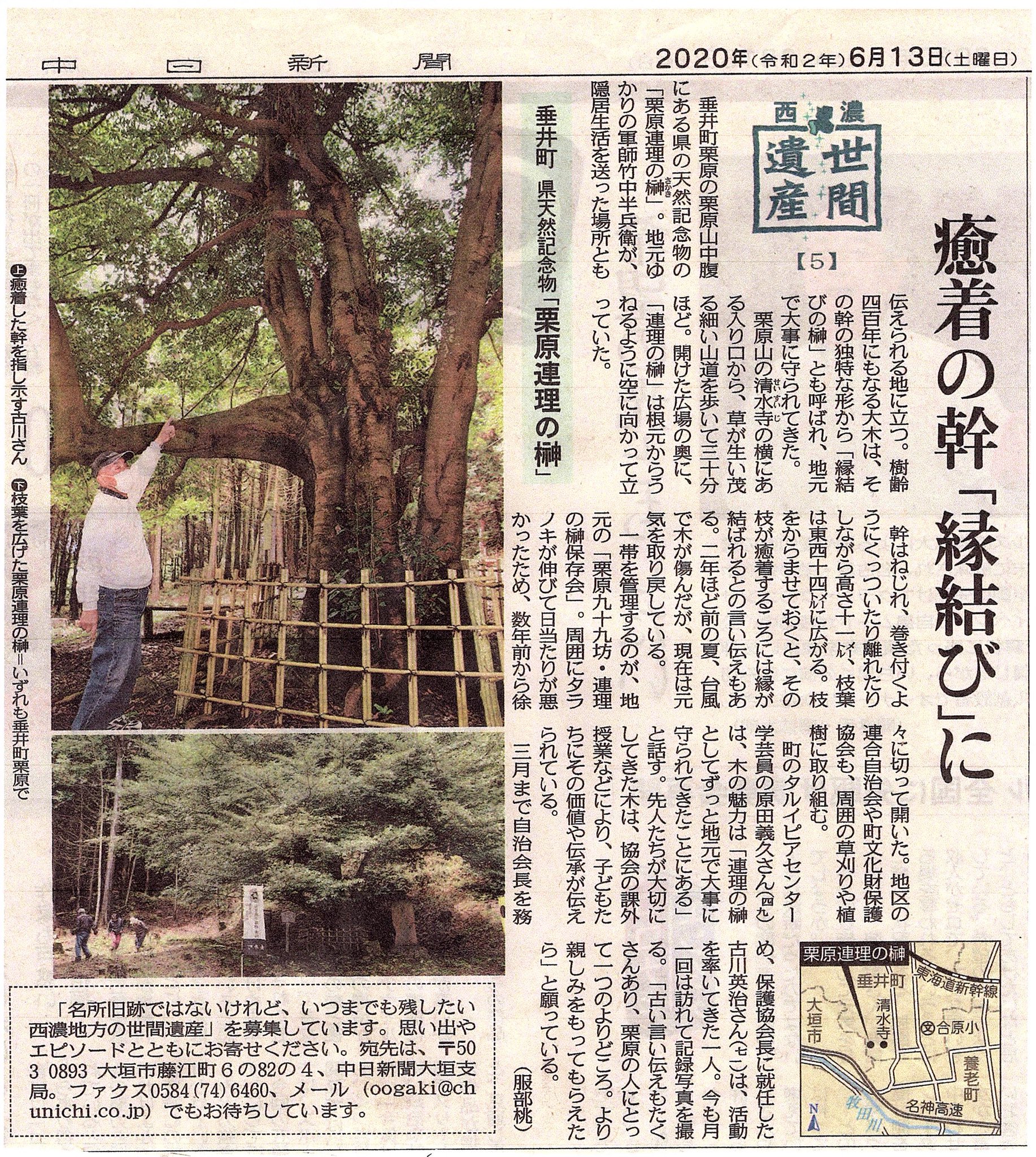 垂井町観光協会 虹の町たるい 強化期間中 昨日の中日新聞に垂井町栗原地区にある 連理の榊が掲載されました 先日私も登りましたが 素敵な場所ですよ 地元の方々ががんばってくださり 今も勇壮な姿をご覧いただけます 今は雨で登るの大変です 垂井町観光協会 虹の町たるい 強化期間中 昨日の中日新聞に垂井町栗原地区にある 連理の榊が掲載されました 先日私も登りましたが 素敵な場所ですよ 地元の方々ががんばってくださり 今も勇壮な姿をご覧いただけます 今は雨で登るの大変です