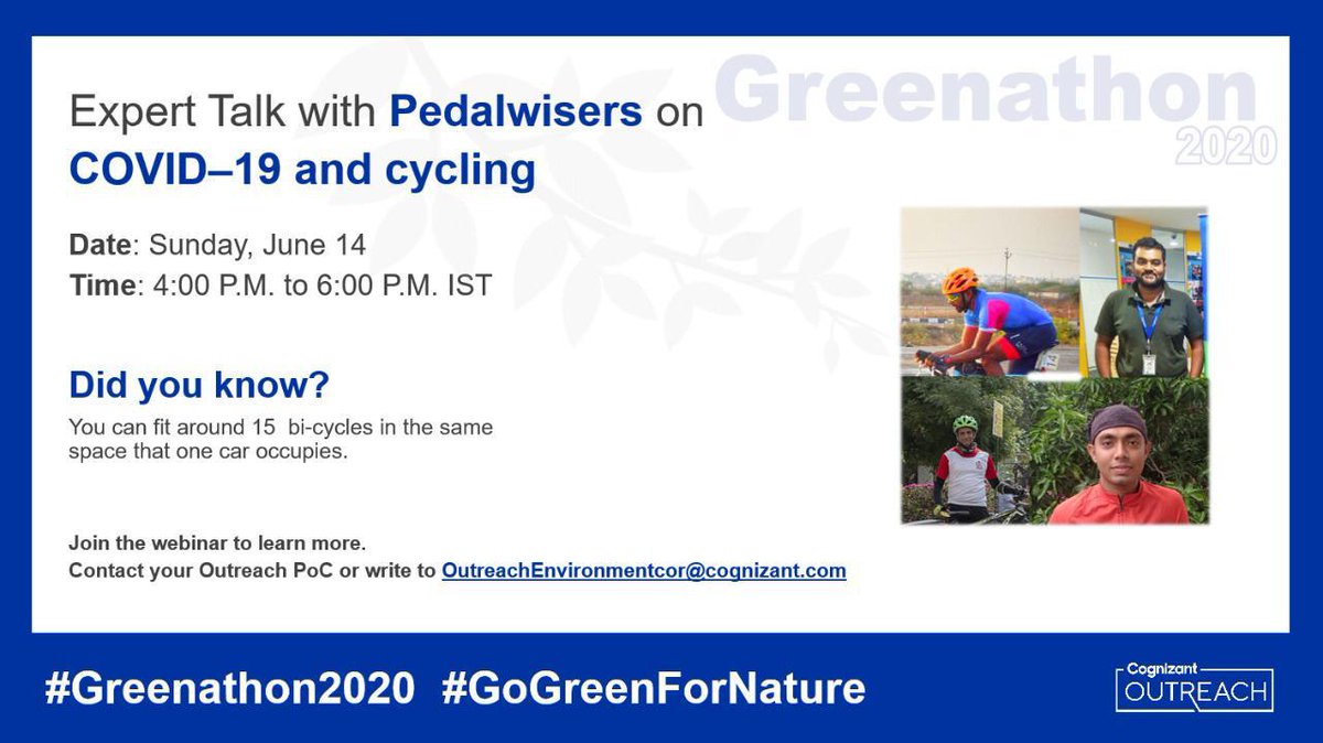tweetsanks's tweet photo. Webinar6: Do u know15 cycles can fit in a place of one car? Join @Cognizant Outreach Pedalwisers share abt cycling and its impact. @prem_k @mj_sawant @g_shankar1984 @ManikandanPandu @josephalexl @baskarfederer @ViswaRK @mecsenthil @dhileeban2009 #GoGreenForNature #Greenathon2020 https://t.co/eFbKL3GYt1