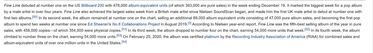 "Fine Line" by harry styles holds the biggest debut week in the US in the last SIX MONTHS with 478k units sold on its first week. no #1 album reached that number on debut week since December 2019, when Fine Line came out.