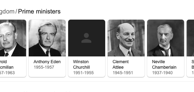 mattwridley's tweet photo. What's going on, @Google?

Why no image of Winston Churchill when you search for British prime ministers, and why no mention of his 1940-45 term?

h/t @SuzanneEvans1 https://t.co/u4FShHD1YT