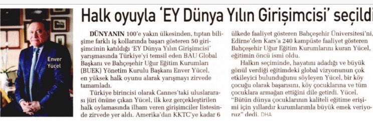 bahcesehir_k12's tweet photo. “Ernst &amp; Young tarafından gerçekleştirilen Dünya Yılın Girişimcisi programında ”Halkın Seçimi” alanında D��nya Yılın Girişimcisi BUEK Başkanı Sn. Enver Yücel seçildi.” https://t.co/hD32eskTik