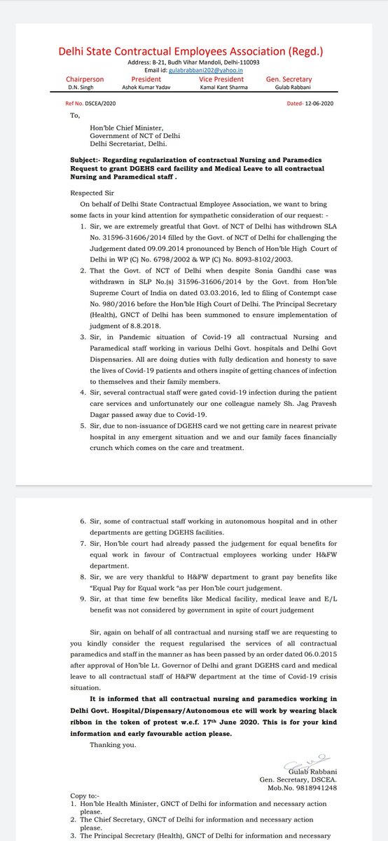#Corona महामारी से इस लड़ाई में #Contractual नर्सिंग पैरामेडिकल स्टाफ अपनी जान की बाजी लगाकर काम कर रहे हैं, न तो कोई सुविधा उन्हें मिल रही है न ही @ArvindKejriwal ने उन्हें पक्का करने का अपना वादा पूरा किया है। अपनी एक मात्र नियमितीकरण की मांग को लेकर 17जून से सांकेतिक प्रदर्शन।