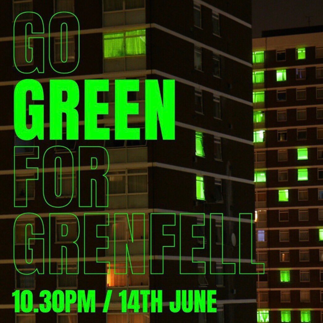 Tonight 10.30pm #GoGreenforGrenfell 💚

1) Switch off your lights
2) Open your curtains 
3) Play our film on your smart tv or device 
4) Let the green light illuminate the room

Visit grenfellunited.org.uk <a href="/GrenfellUnited/">Grenfell United</a> for more information.