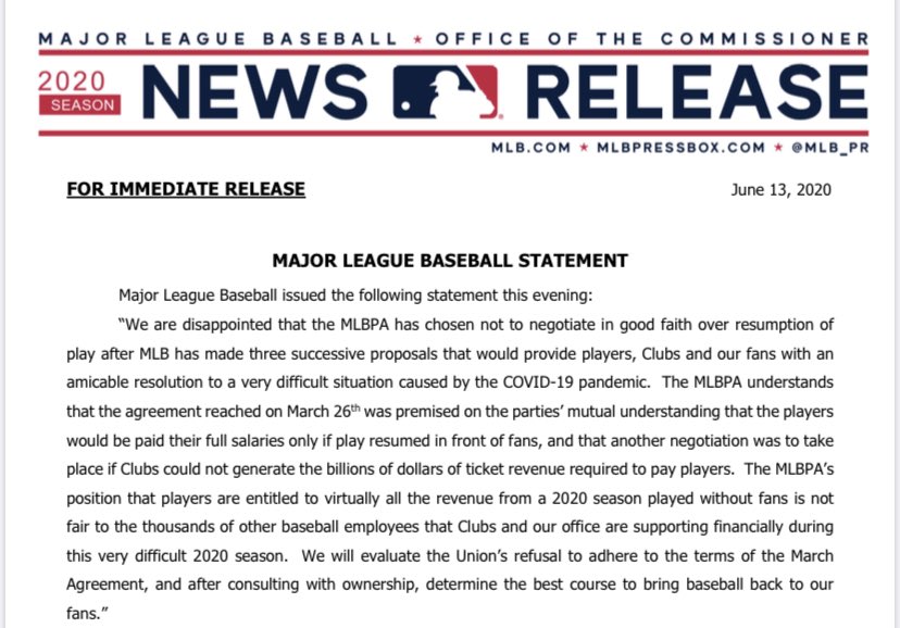 Comunicado MLB 13 de junio 2020