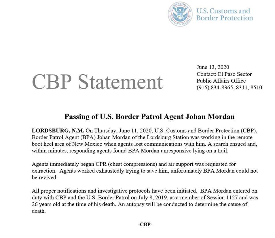 BPA Johan Mordan, 26 yrs old, class#1127 was on patrol on foot working in the remote boot heel area of NM when he died. We will forever honor your sacrifice Johan - We Will Never Forget. 🇺🇸🙏🏼💚For more:  bit.ly/2YylVTd