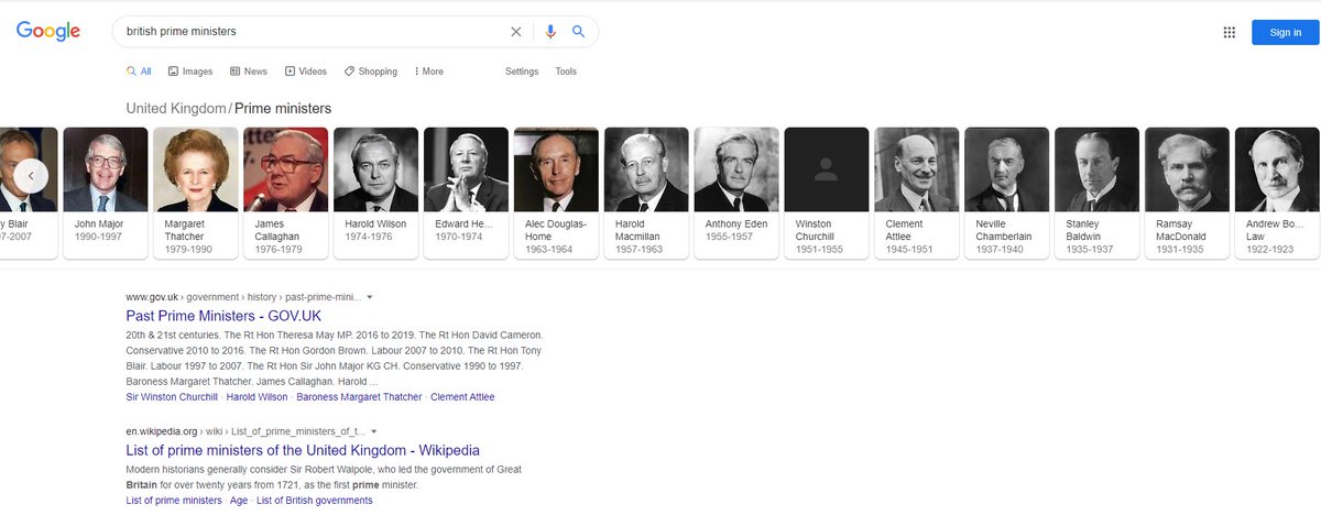 MarcusStead's tweet photo. This is alarming. The picture of Sir Winston Churchill has been removed from the Google search when you type in 'British Prime Ministers', as has the fact he was Prime Minister between 1940-45. It's clear dark forces are able to mess around with Google search algorithms. https://t.co/KMgXIpDGg3