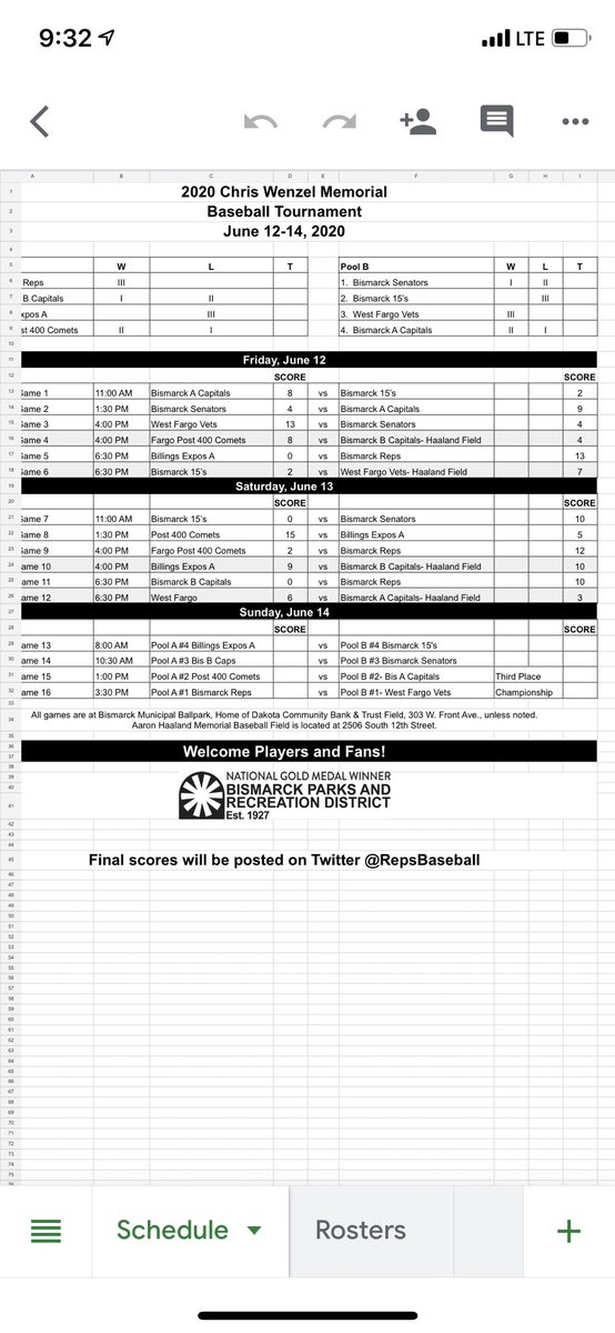 RepsBaseball's tweet photo. Here are the matchups for the final day of the ninth annual Chris Wenzel Memorial Tournament. All games will be held at Municipal Ballpark. https://t.co/PL7T42IuPz