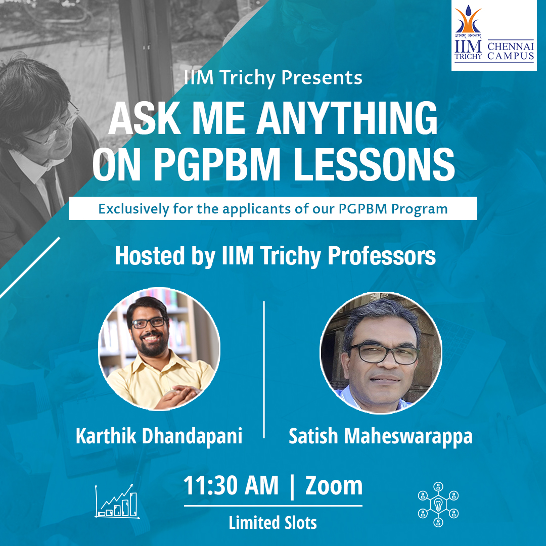 IIM_Trichy's tweet photo. Set your reminders to 3 hours from now. Join our AMA on PGPBM Lessons on Zoom with IIM Trichy Faculty.
#IIMTrichy #AMA #MBA #iimt #AskMeAnything #ExecutiveMBA #PGPBM #IIMFaculty #AdmissionsOpen #careers #careergrowth #careeradvice #LeadershipMatters #leader https://t.co/9Y9ejVl5GJ