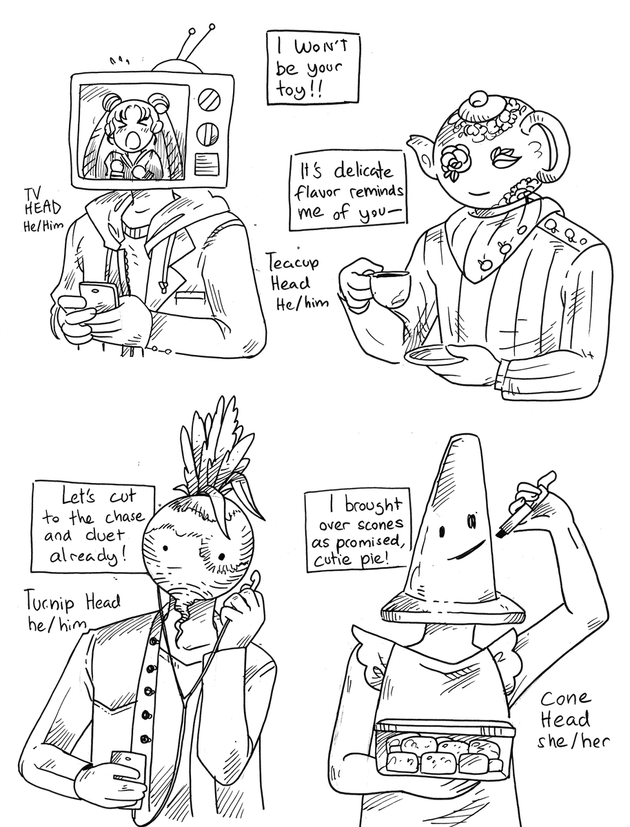 Did warmup drawings for fun about an imaginary dating game where you, an average human, rent a room in a cursed mansion full of object-faced people you can date while trying to figure out their curses.
