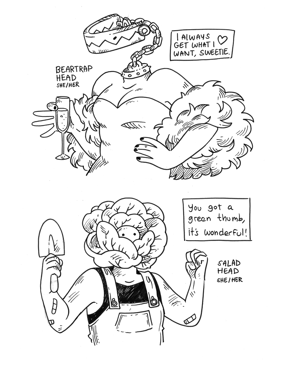 Did warmup drawings for fun about an imaginary dating game where you, an average human, rent a room in a cursed mansion full of object-faced people you can date while trying to figure out their curses.