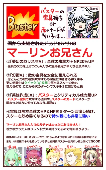 マーリンピックアップ復刻記念に、そもそもマーリンてどう強いんじゃという初心者マスターの方向けサムシングを作りました。
他にも優秀なサポーターや、個人的にフレンドさんから借りたらいいんじゃないという鯖も入れてみましたのでご参考にどうぞ 