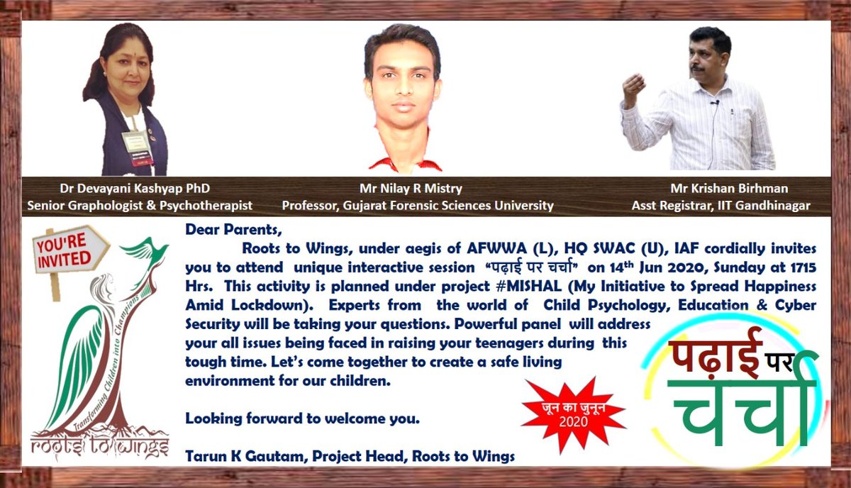 IndiaIsPlogging's tweet photo. Dear Parents,
Roots to Wings cordially invites you to attend unique interactive session #पढ़ाईपरचर्चा #MISHAL (My Initiative to Spread Happiness Amid Lockdown)
#Youngploggers #earthkids #mishal #BEATtheHEATofLOCKDOWN #ROWISCO #Roots2Wings https://t.co/AAotqDdLg9