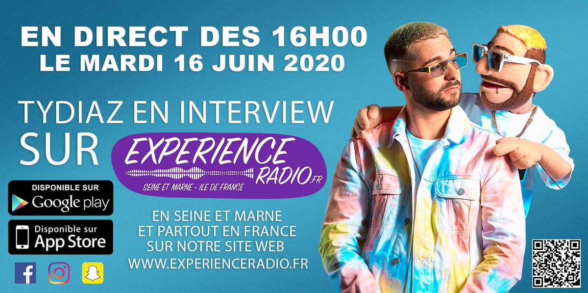 LE MARDI 16 JUIN 2020 DES 16H 
<a href="/TYDIAZofficiel/">TYDIAZ</a> en interview sur Experience Radio 😉🎧🎛 

Ecoutez-nous en Seine-et-Marne - Ile-de-France et partout en France sur notre site web 
↪experienceradio.fr 

experienceradio.fr/news/tydiaz-en…

#tydiaz #nouveausingle2020 #experienceradio