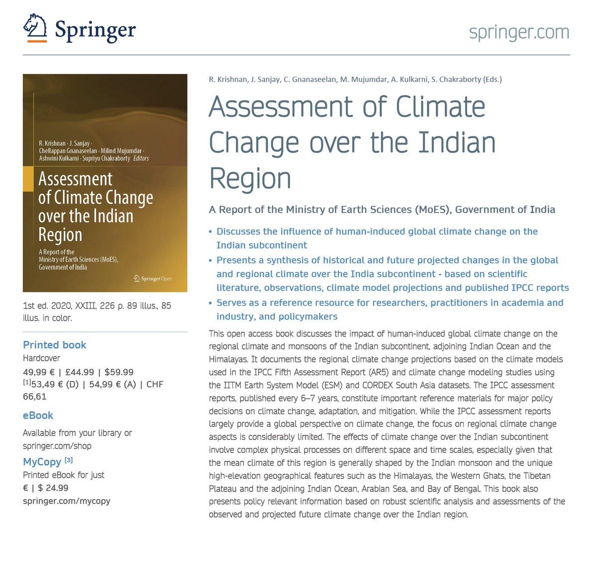 rajeevan61's tweet photo. Another milestone from @moesgoi: The first National Climate Change Assessment Report ready for launch A comprehensive report on past and future climate  The open access book by Springer will be launched on 16 June at 0430 PM by @drharshvardhan 

Link: https://t.co/BzuGvayO4P https://t.co/sC6D6bmfeN