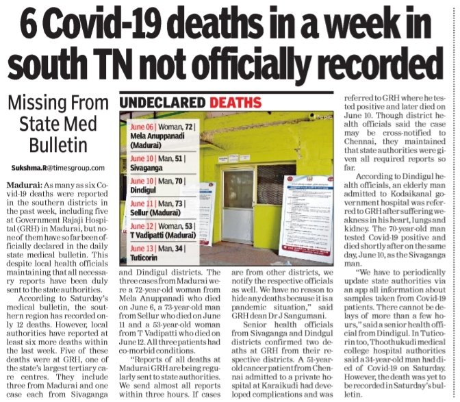 sukshmar37's tweet photo. At least six Covid-19 deaths in south #TamilNadu within just past 1 week are yet to be recorded in the TN medical bulletin. As per the bulletin, total deaths in the region stays at 12 and no new deaths reported since May 31. 

@CMOTamilNadu
@Vijayabaskarofl

#COVID19 #Exclusive https://t.co/2G0N0GarFt