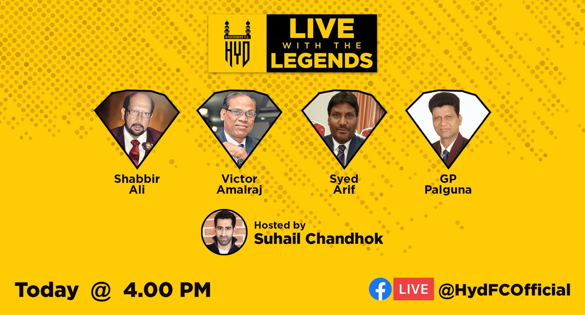 HydFCOfficial's tweet photo. 💬 We're going LIVE with the Legends from Hyderabad at 4.00 pm today. Drop-in any questions you'd like to ask them right here. 

⏰ - 4⃣:0⃣0⃣ PM IST
💻 - https://t.co/80IvkPRWE4

#LiveWithTheLegends #ShaanEHyderabad #HyderabadFC 💛🖤🙌 https://t.co/mitLDiaZXq