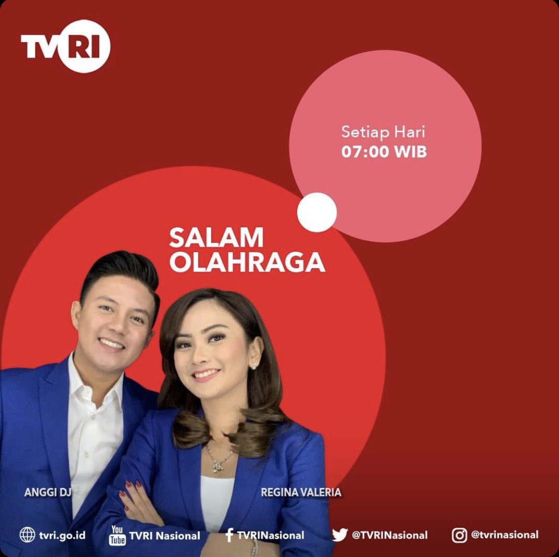 Twips, jangan lupa untuk selalu mengikuti kabar terbaru dari dunia olahraga, dengan menyaksikan program SALAM OLAHRAGA di layar TVRI setiap hari mulai pkl 07.00 WIB bersama <a href="/anggidj/">Anggi Dj</a> dan <a href="/revalput/">Regina Valeria Putri</a> 

#TVRI #MediaPemersatuBangsa #SalamOlahragaTVRI