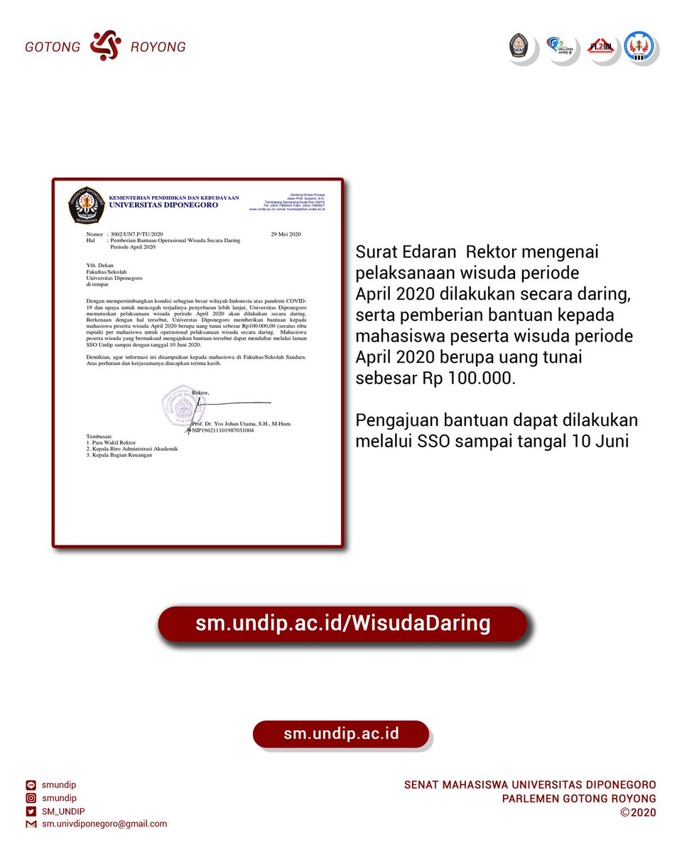[ INFO AKADEMIK ]

Hai Dips!

Mimin mau ngasih informasi nih untuk seluruh kakak-kakak calon wisudawan dan wisudawati Universitas Diponegoro. Mengenai bantuan dana dalam pelaksanaan Wisuda
Bisa langsung dicek di link berikut ya Dips.