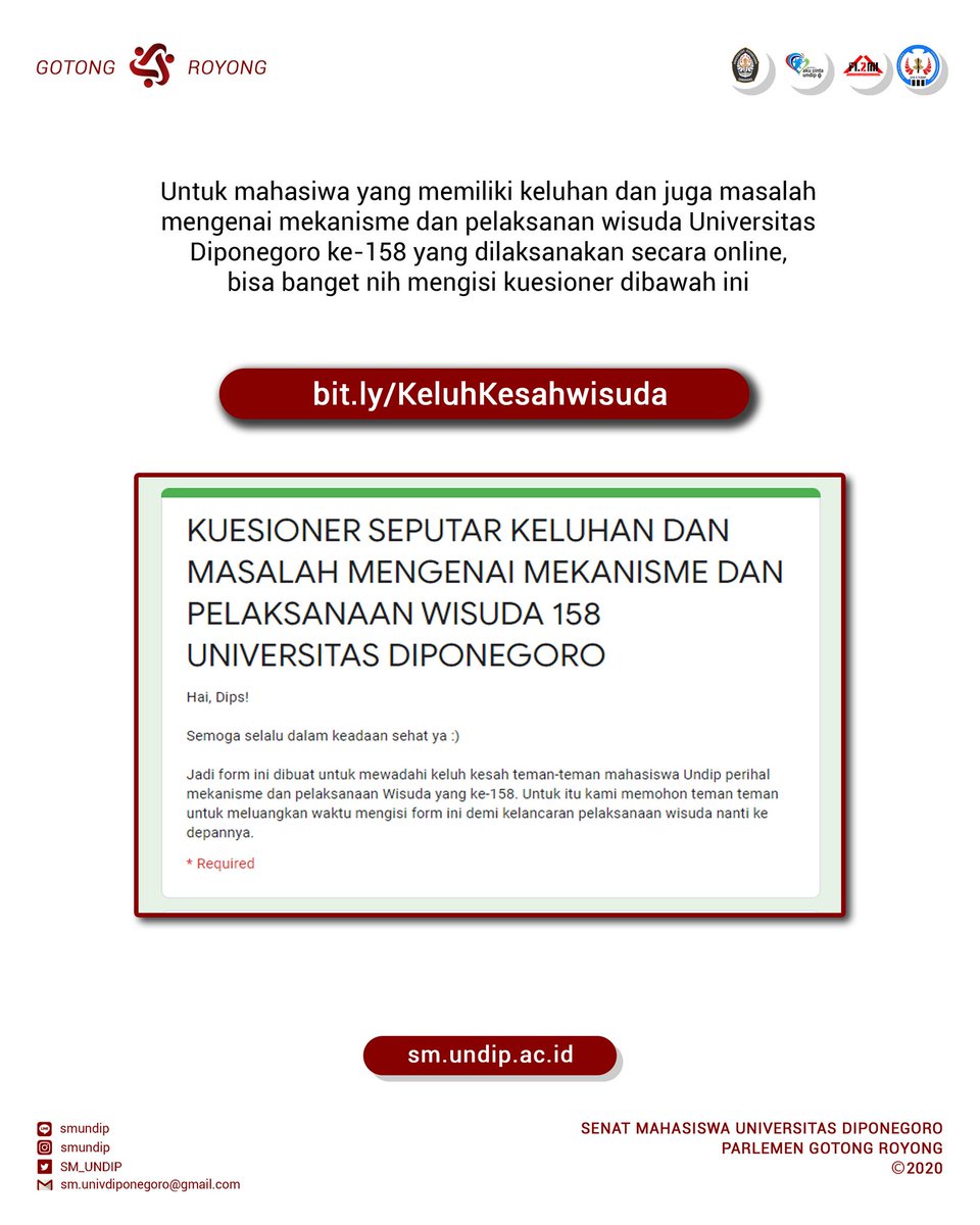 [ FORM KELUH KESAH WISUDA ONLINE ]

Hai, Dips!

 Perkenalkan kami dari KOMISI 1 SM UNDIP 2020 Kami ingin mengetahui apa saja keluhan dan masalah seputar Wisuda yang ke-158 ini dari mahasiswa Undip. 

Untuk itu, bisa banget nih untuk mengisi formnya

Narahubung: @ 456xjxze (line)