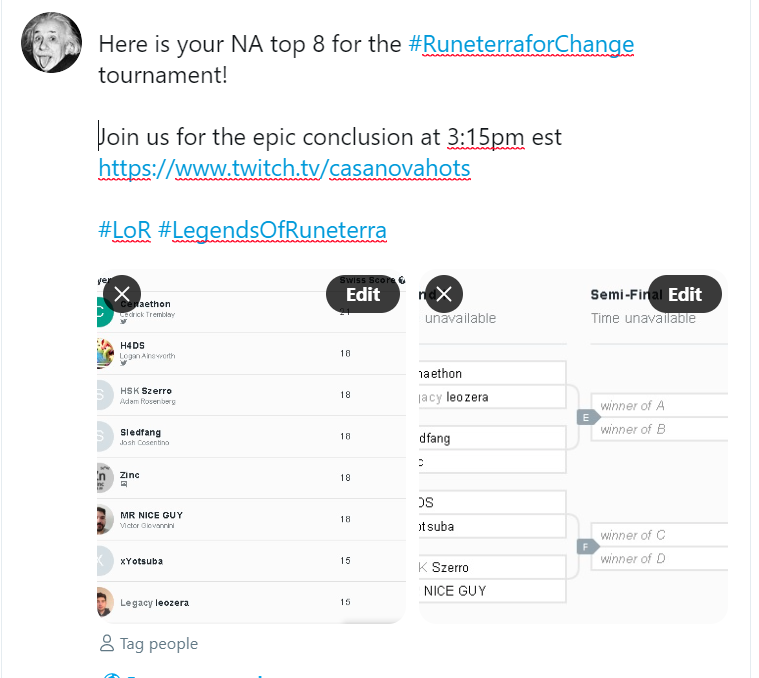 GGTeamIQ's tweet photo. Here is your EU top 8 for the #RuneterraforChange tournament! 

Join us for the epic conclusion at 12:00pm est 
https://t.co/nNj36FgB3h

#LoR #LegendsOfRuneterra https://t.co/6mhrodlwCM