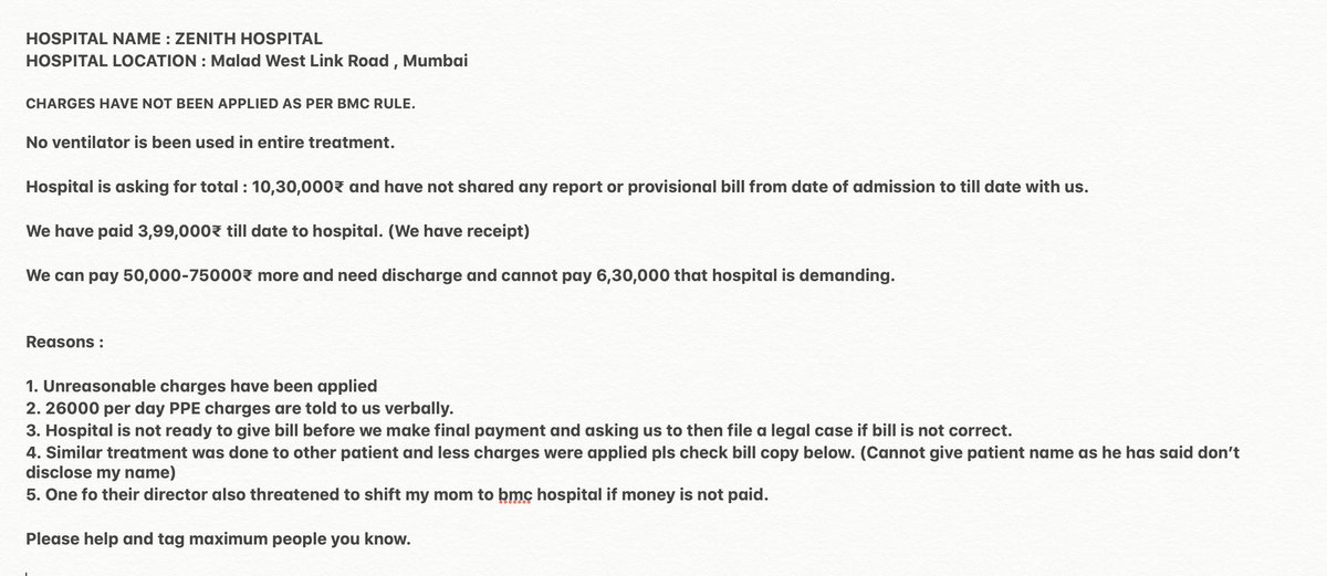 imnathwani's tweet photo. Please help !
@rajeshtope11 @mybmc
@mybmcHealthDept
@MumbaiPolice
@MumbaiMirror
@timesofindia
@CMOMaharashtra
@PMOIndia
@MoHFW_INDIA
@Yogeshsagar09
Not charging according to govt rules and bill is not presented till now https://t.co/xOHpmXJYvs