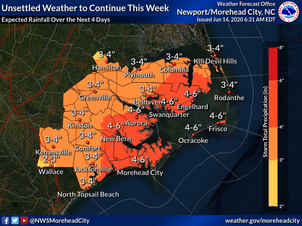 We may sound like a broken record, but this pattern just won't quit! On top of the several inches of rain we've received in the past week, we are anticipating an additional 3-6" (heaviest along the coast) through Wednesday Night. #ncwx