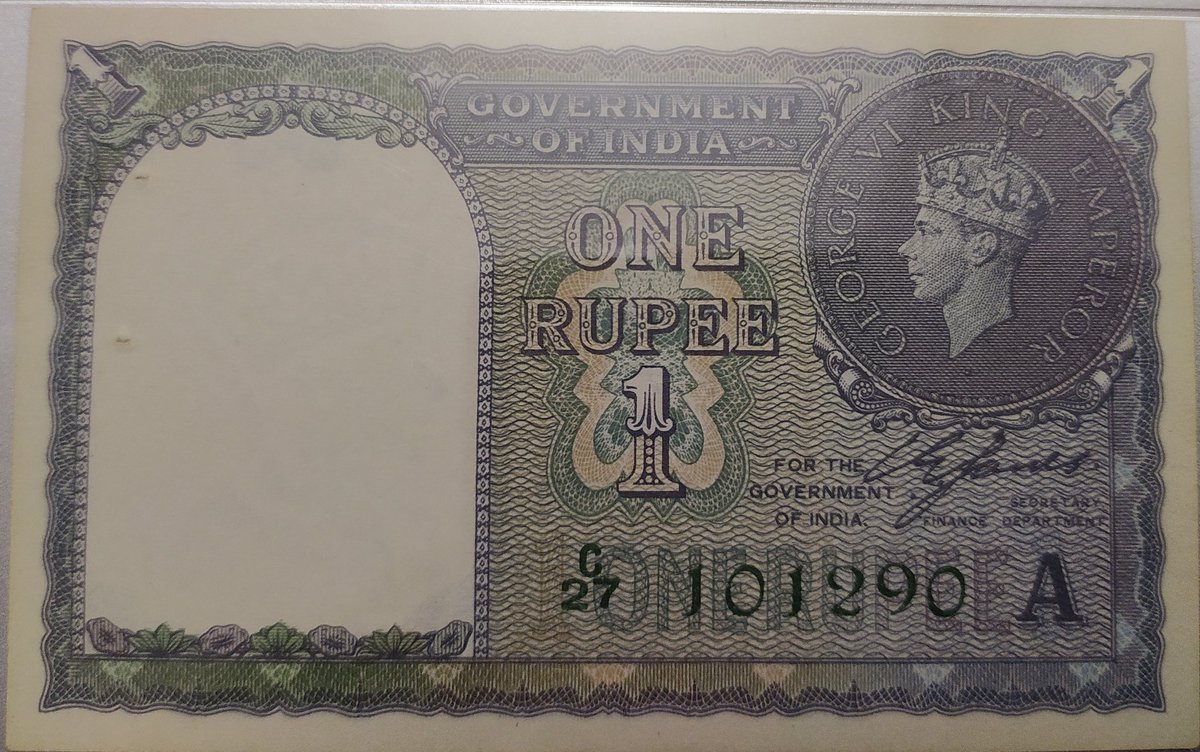 It has a stylised GRI and crown on the watermark window; ‘Government/Of India’ in the centre; ‘1’ in the top corners; ‘1/One/Rupee’ in the lower left area; Language panel in the centre; Reverse of the silver coin dated 1940. Posting two pics, with and without letter. (2/2)