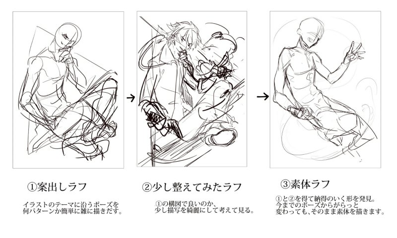 お絵かき講座パルミー Sur Twitter 美しいイラストができるまでの流れを紹介٩ W ٩ 素体ラフでは の構図 と違っても気にせず納得の行く素体を描きます T Co Xjkmonwnmz