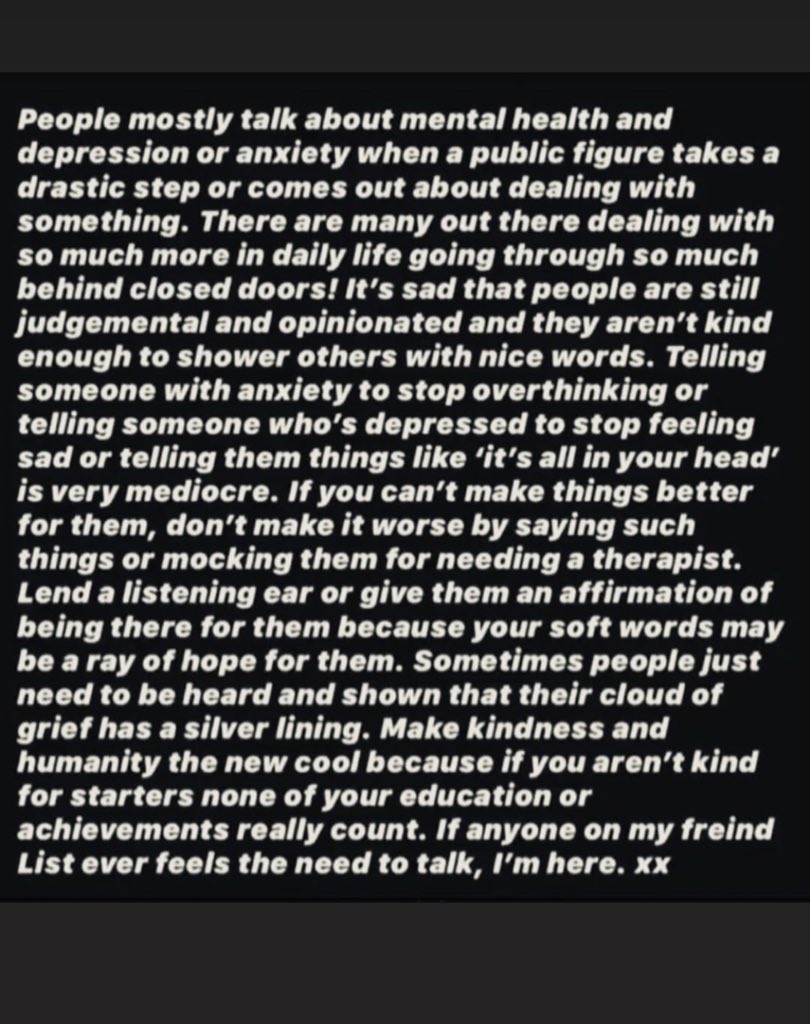 Priyanka2804's tweet photo. Be there for each other.
It’s really sad to see ppl go through these kinda problems. Speak out. There is nothing wrong. Open up. Be kind. Lend a listening ear. There is a RAY OF HOPE. Believe in it. Please! https://t.co/Mc1NXgW7Bv