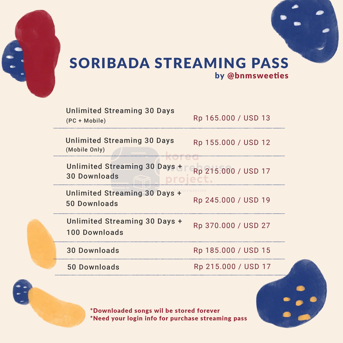 warehouse_KWP's tweet photo. [HELP RT]

Selling MELON, BUGS!, SORIBADA, GENIE Streaming Pass!

•Price list on picts
•Make sure you can login and use your account
•Streaming pass will be given by coupon (except Soribada)
•Can't refund after purchase
•Payment via BCA/BNI/PAYPAL/KOREAN BANK https://t.co/jyUr0KdfHn