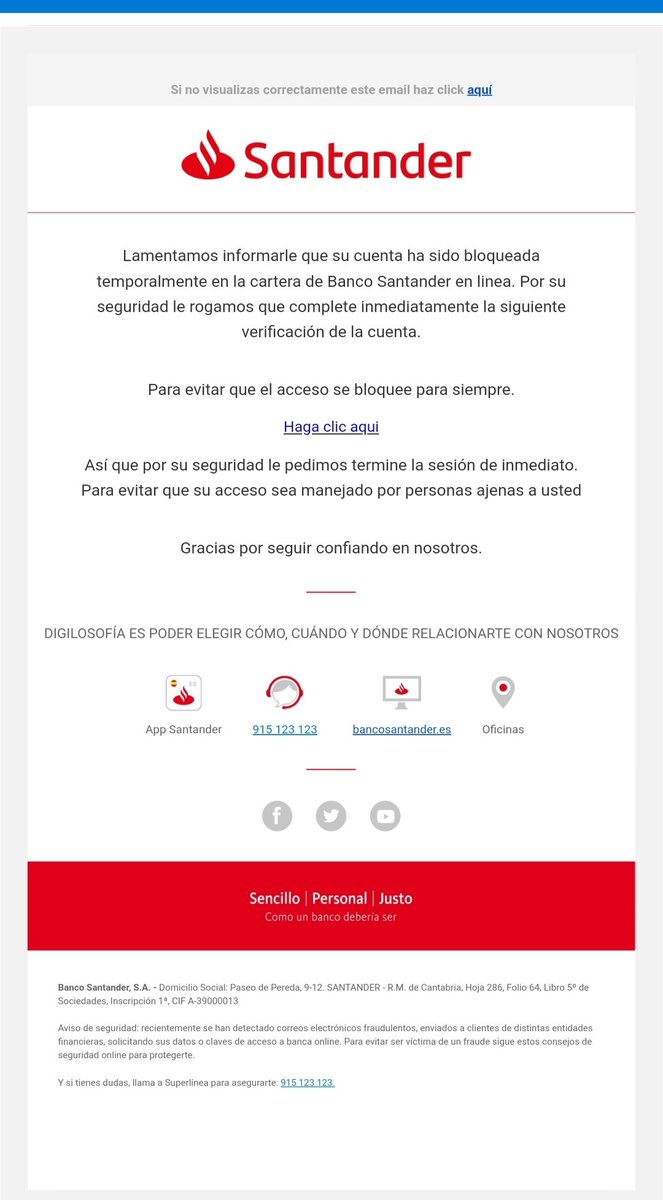 Mariarizzos's tweet photo. @policia y @bancosantander me ha llegado este e-mail que tiene pinta de phishing pero está muy currado. https://t.co/afsFfncyGc