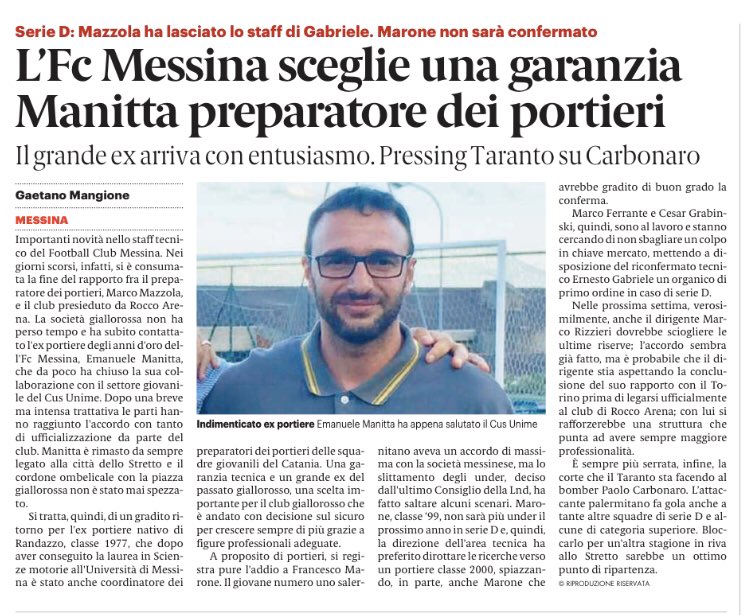 PassioneMessina's tweet photo. Il ritorno di #Manitta in giallorosso. L’ex portiere peloritano assumerà le vesti di preparatore dei portieri. https://t.co/UV0LoUaUCp