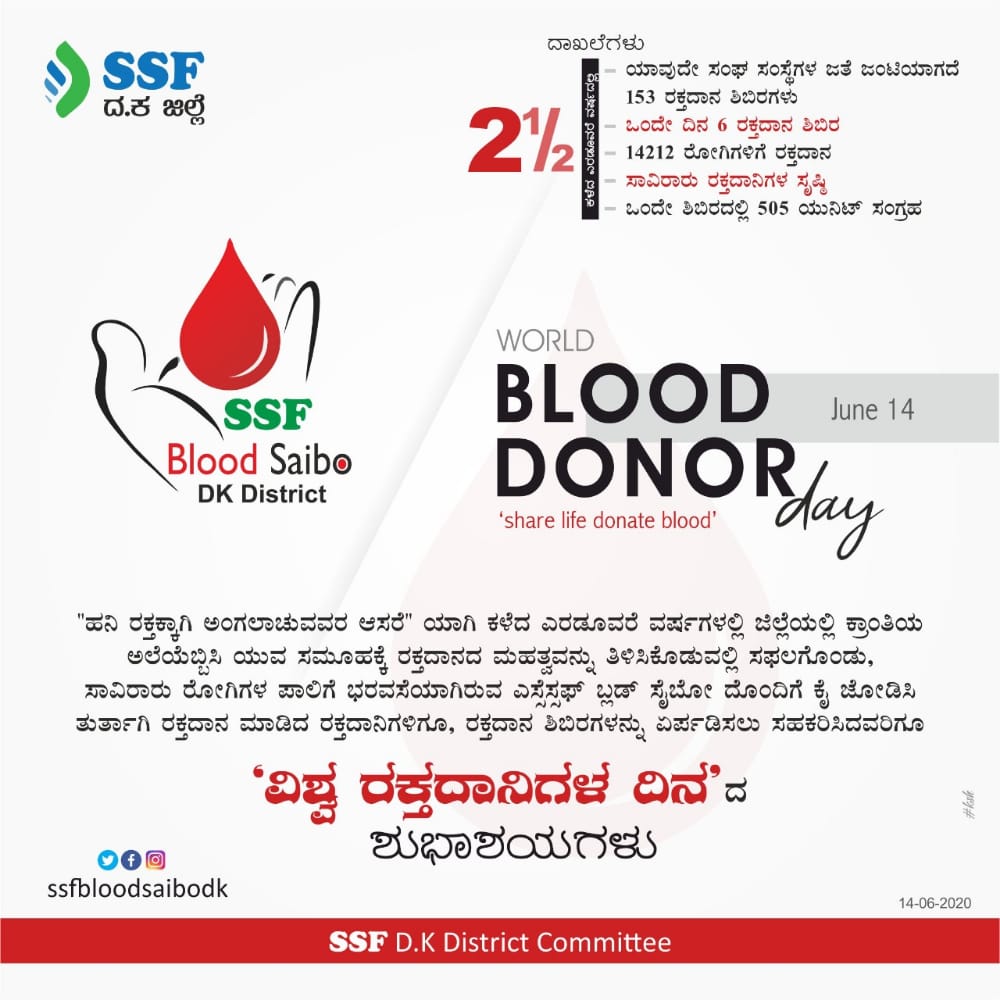 DFL19SdSa7WliKj's tweet photo. "ಹನಿ ರಕ್ತಕ್ಕಾಗಿ ಅಂಗಲಾಚುವವರ ಆಸರೆ" ಎಸ್ ಎಸ್ ಎಫ್ ದಕ್ಷಿಣ ಕನ್ನಡ ಜಿಲ್ಲಾ ಸಮೀತಿಯ ಅಧೀನದಲ್ಲಿ ಕಾರ್ಯಾಚರಿಸುತ್ತಿರುವ #SSFBloodSaiboDk ಈ ಎರಡೂ ವರೆ ವರ್ಷದಲ್ಲಿ 14212 ರೋಗಿಗಳಿಗೆ ರಕ್ತ ದಾನ ಮಾಡಿದೆ.
#SSFBloodSaiboDk
#WorldBloodDonorDay
@SSFBloodSaiboDk
#TrendDominators https://t.co/IpdGDJ0Js2