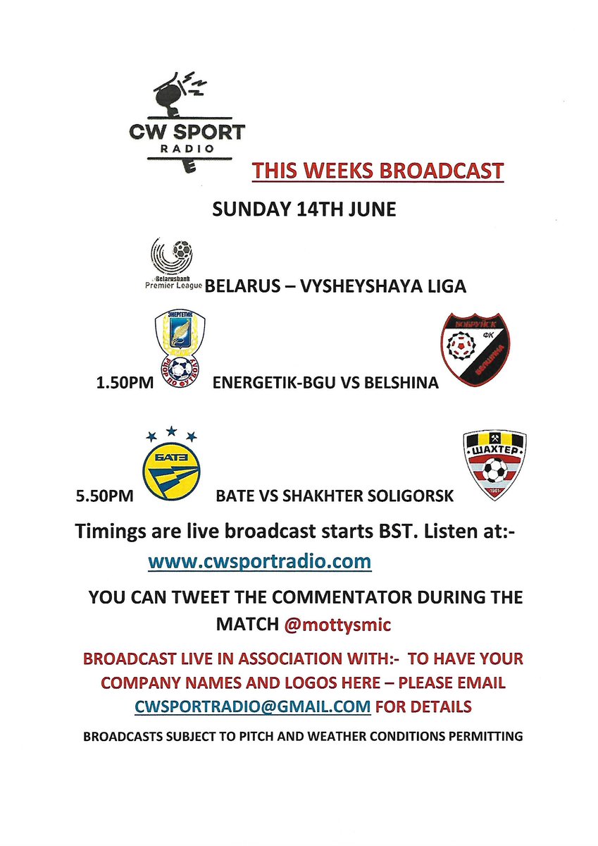 PLS RT MATCHDAY - No 3 <a href="/FCBATE/">FC BATE Borisov</a> vs <a href="/fcshakhterby/">FC Shakhtyor Soligorsk</a> in <a href="/BelarusianPL/">Belarusian Premier League</a> English commentary from 5.50pm UK time. @FCShakhtyorEN <a href="/esoligorsk/">eSoligorsk</a> <a href="/soligorsk/">Soligorsk</a> <a href="/fcbateuk/">FC BATE UK Fans</a> <a href="/bate_fc/">💛💙. FC BATE Borisov UK .💙💛</a> @FrBate Hope you can listen in <a href="/BelFootFeder/">Belarus (Beach Soccer WC)</a> <a href="/belarusff/">ABFF | Belarus Premier league</a> <a href="/BelarusFootbal1/">Belarusian Football</a> <a href="/bpl_english/">Belarus Football Fans ⚽️🇧🇾</a> <a href="/shakhtyor_news/">Шахтер Солигорск</a>