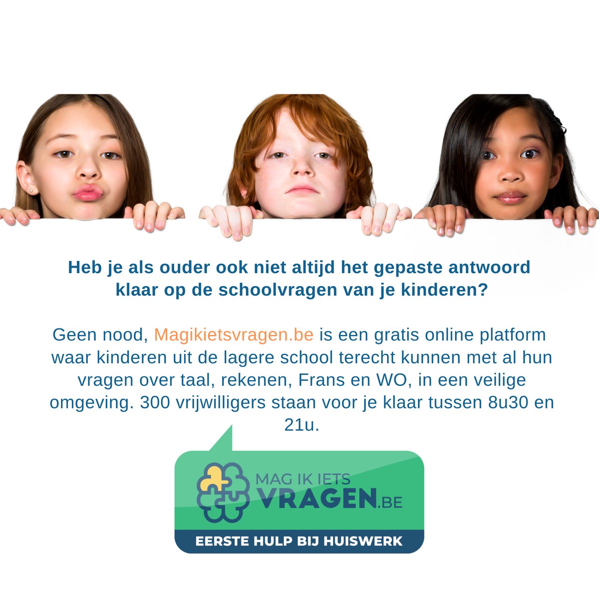 Al 323 vrijwilligers staaan klaar om je kinderen te helpen met huiswerk. Online, gratis en veilig. Ook tijdens het weekend #magikietsvragen