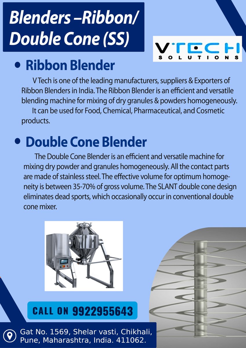 SolutionsVtech's tweet image. Blenders –Ribbon/ Double Cone (SS) is a VTech Product.

For free Enquiry Call Us on 9922955643

#VtechSolutions #Pune #engineeringvalue #engineeringprojects #designanddevelopment #Blenders